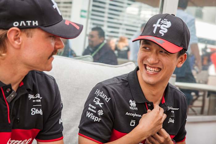 ALfa Romeo driver Zhou Guanyu smiles at the Mexican Grand Prix.
